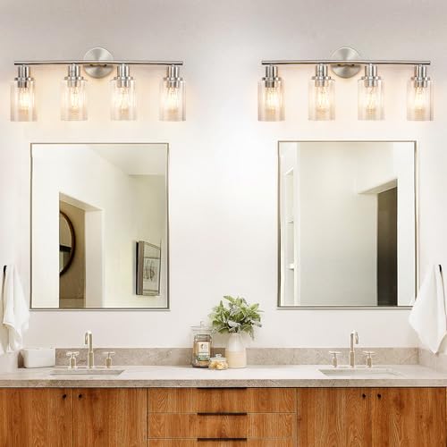 Image of DLLT 4-Light Bathroom Light Fixtures: Nickel Modern Vanity Lights with E26 Bulbs - Clear Glass Shade Bathroom Wall Lamp for Mirror Kitchen Living Room Hallway Cabinet Porch