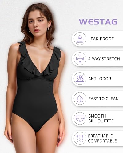 Period Swimwear Ruffled One Piece Leakproof Menstrual Period Swimsuit V Neck Bathing Suit for Teen Girl2