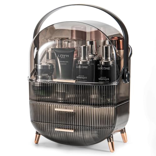 Boîte de rangement pour maquillage avec couvercle transparent, étanche à la poussière, convient pour comptoir de salle de bain et coiffeuse de chambre (marron rétro)
