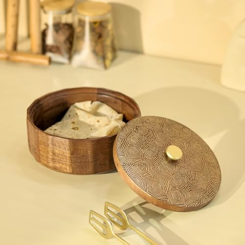 Image of Brick Brown Anant Wooden Roti Box with Lid | Solid Wood Chapati Box for Kitchen & Dining | Designer Roti Casserole & Roti Hot Pot Case | Faceted Roti Dabba Server | Storage Container (8x8x4 Inch)
