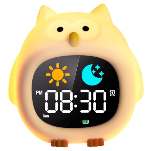 HOTUT Kinder Lichtwecker,Schlaftrainer Kinder mit Nachtlichtern,6 White Noise Kinderwecker,Digitaler Wecker für Mädchen und Jungen(Eule