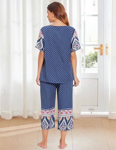 Image of Ekouaer Women's Two Piece Lounge Set Short Sleeve Shirt and Capri Pants Mumu Pajama with Pockets Loungewear Pjs Sets S-2XL
