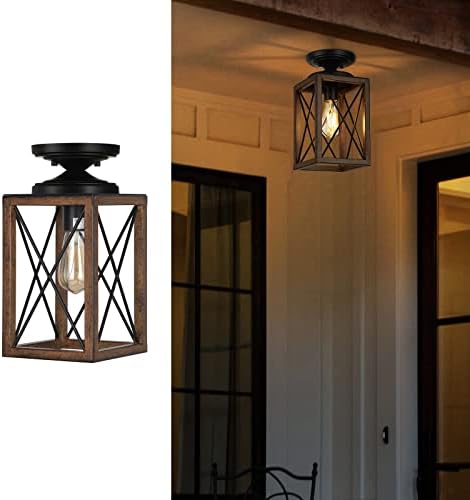EDISHINE Farmhouse Flush Mount Ceiling Light, Farmhouse Light Fixture Metal with Wood Grain Finish, Rustic Light Fixtures Ceiling for Hallway, Entryway, Kitchen, Foyer, E26 Base