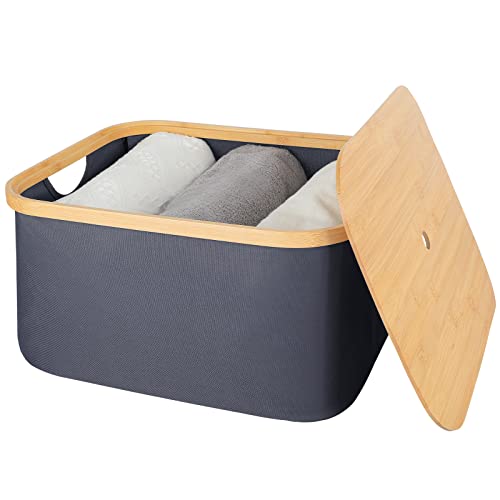 Anminy Storage Bin With Removable Bamboo Lid Handles Canvas Basket Box Stackable Lidded Closet Cabinet Shelf Cube Foldable Decorative Nursery Baby Kid Clothes Toys Organizer Container - Gray, Large #TOP10
