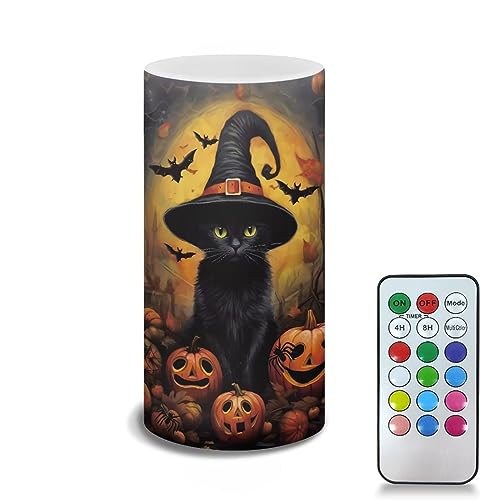 Image of Flickering Flameless LED Battery Powered Pillar Candles Tealight with 18-Key Timer Remote with Colorful Light Safe for Indoor Outdoor Halloween Party Decorations, Black Cat Withch Pumpkin
