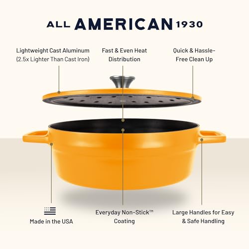 Image of All American 1930 - Dutch Oven - The Saucier Set, Mustard Yellow - 5.5qt Capacity - Perfect for Sauces, Soups & Simmering - Non Stick & PFAS Free - Made in the USA