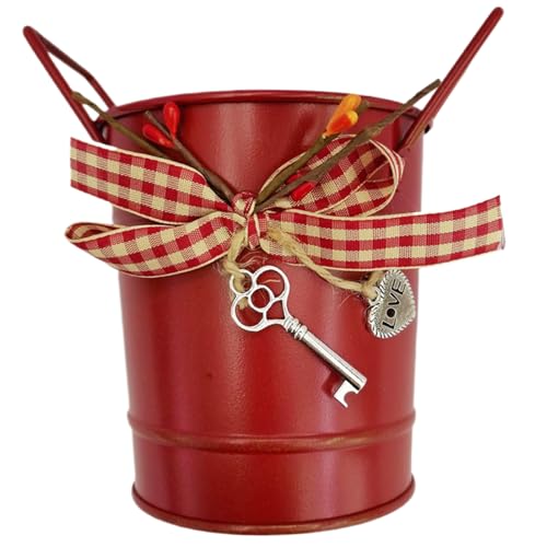 Rustikale Blumenvase aus verzinktem Eisen – roter Eimer-Übertopf mit Schleife und Griff für den Tischaufsatz auf dem Bauernhof, Hochzeit