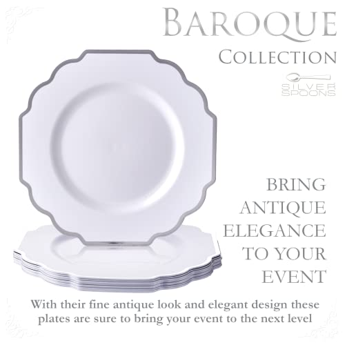 SILVER SPOONS Elegant Disposable Plates For Party - (10 Pc) Heavy Duty Disposable Dinner Set 10.25”, Fine Dining Plastic Dishes For Elegant China Look, Great Upscale Celebrations & Events,White/Silver