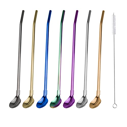7 Pcs Drinking Straw Spoon Stainless Steel Reusable Straw Spoon with 1 Cleaning Brush (Regular), Multicolor