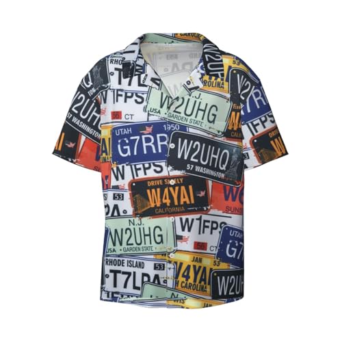 License Plate Print Men's Pocket Hawaiian Shirts â€“ Short Sleeve Casual Beachwear for Summer S-4XL