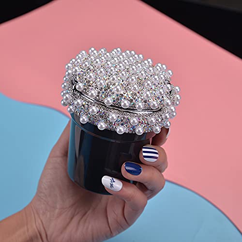 Image of ikasus Pearls Inlaid Car Ashtray, Portable Car Ashtray with Lid and LED Light Crystal Car Accessories Windproof Trash Can Car Interior Decoration for Car Vehicles Home Office (Black)