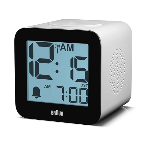 Braun digitaler funkgesteuerter Wecker für mitteleuropäische Zeitzone (DCF) mit Sprachausgabe, Schlummerfunktion, positiver LCD-Anzeige, ansteigendem Signalton in Weiß, Modell BC25WP-DCF