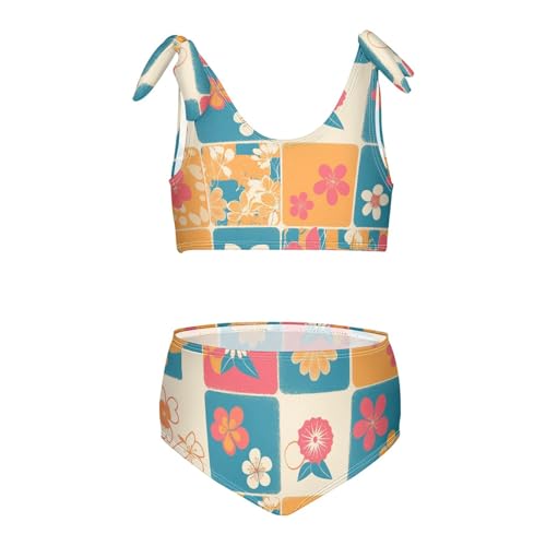 KLL Retro Checker Board Groovy Flower Girl Two Piece Bikini Sets Quick-Dry Swimsuits Swimming Suits Adjustable