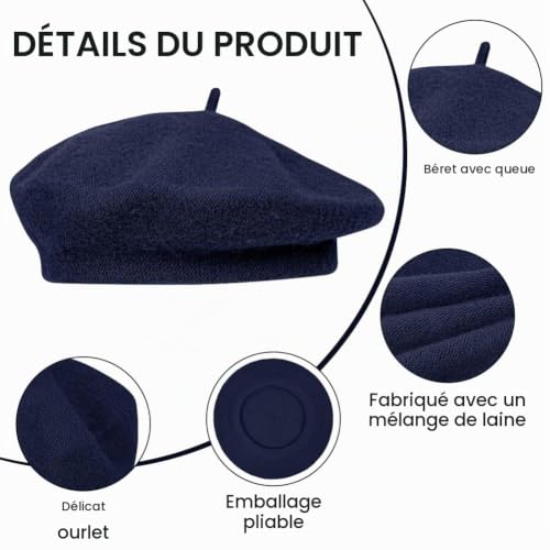 Alaoo Femmes Classique Francais Laine Chapeau de Béret, Adulte, Bleu Marine – vue 3