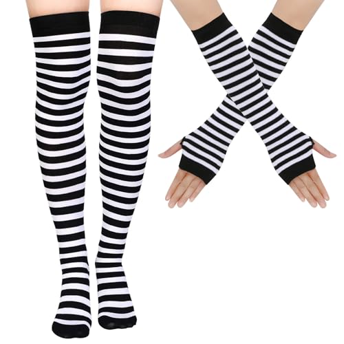 Utaly Striped Thigh High Socks and Long Arm Warmer Gloves Set, Stretchy Over the Knee Stockings for Cosplay Halloween Costume, Daily Wear