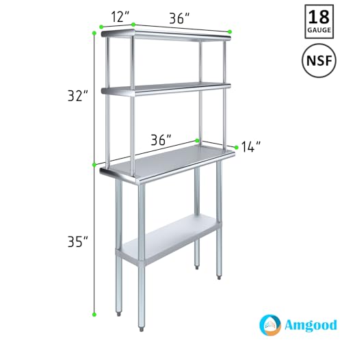 Image of AmGood Stainless Steel Work Table with 12 inch Wide Double Tier Overshelf | Metal Kitchen Prep Table & Shelving Combo | NSF (Stainless Steel Table with Double Overshelves, 36 inch Long x 14 inch Deep)