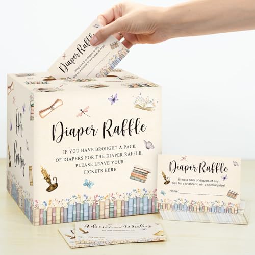 Caisehabu Storybook Baby Shower Decorations Diaper Raffle Box with 50 Tickets Cards for Book Themed Baby Shower or A New Chapter Begins Baby Shower Ideas Games
