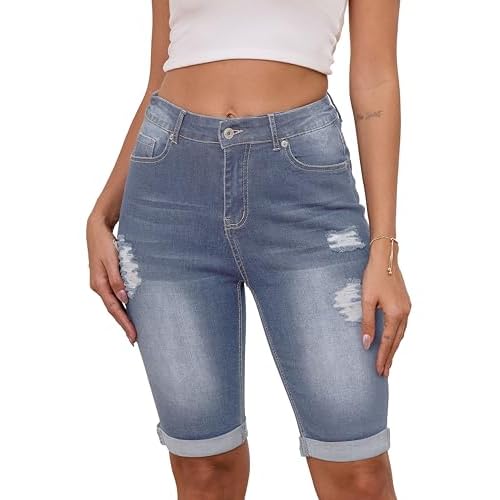 Damen Bermuda Shorts,High Waist Skinny Zerrissene Rohem Saum Klassische Bermuda Denim Shorts