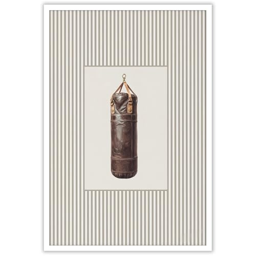 Vintage Punching Bag Poster Boxing Sports Canvas Wall Art Minimalist Neutral Tone Stripes Illustration Prints Painting For Living Room Bedroom Apartment Gym Wall Decor 16x24in Unframed