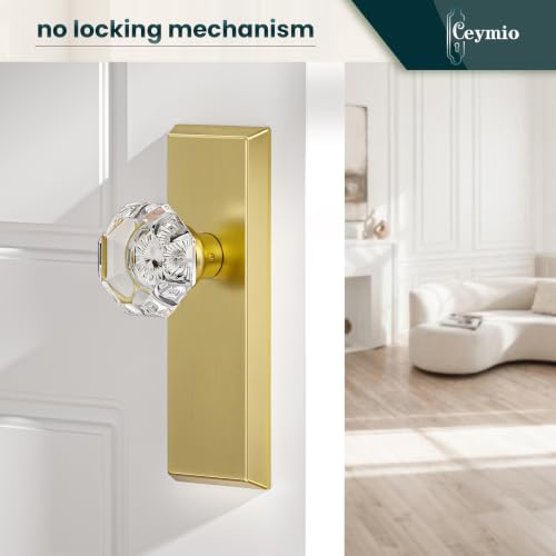 Image of Antique Crystal Dummy Door Knobs Interior, 2 Pack, Brushed Gold | Zinc Alloy & Crystal Glass Knob, Non-Turning Single Side Vintage Classic Door Knob for Bifold Hallway Interior Doors