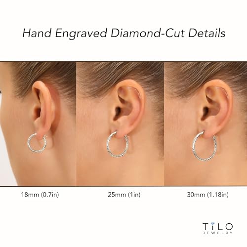14k White Gold Hand Engraved Full Diamond-cut Round Hoop Earrings (18mm (0.7 inch)) - Thumbnail 4