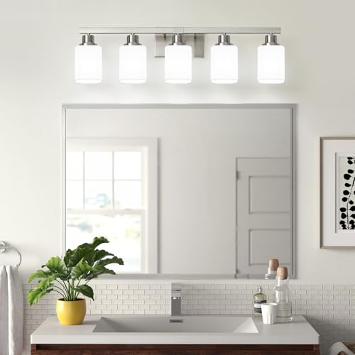 Image of 5-Light Bathroom Vanity Light,Brushed Nickel Vanity Lights with Square Frosted Glass,Modern Bathroom Wall Lights Fixtures Over Mirror,Wall Sconces Lighting for Bedroom Living Room,E26
