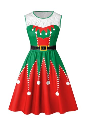 BesserBay Damen Weihnachten Spitze Druck Knielang Midikleid Swing Schmale Passform Ärmellos Ballkleid Rot & Grün L