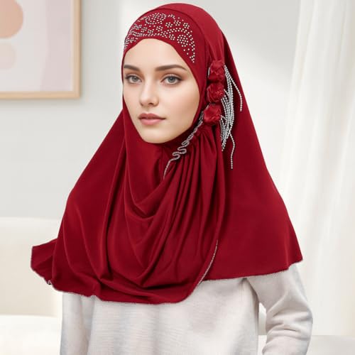 Women One Piece Muslim Hijab Lace Head Wrap Scarf Shawl with Rhinestones Muslim Hijab Head Wrap Scarf Shawl, Burgundy3