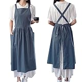 TALIBSA Pinafore Apron Dress，Japanese Cotton Linen Cross Back Apron for Women with Pockets，Pinafore Dress with Waist Ties (Turquoise Blue)