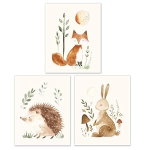 BESERH Woodland Animals Nursery Decor, Wild Animals Forest nursery wall art Hedgehog Fox Hare, Posters Wall Decor for Nursery Boys Girls Room, Framed Set 3, 8×10 Inches Unframed