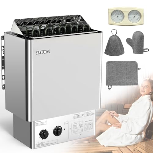 ARSFUTU Calentador de sauna eléctrico de 9 kW, 220 V, calentador de sauna de vapor seco, estufa de sauna con temporizador de 3 horas con termómetro, juego de sombrero de sauna para 310 460 pies