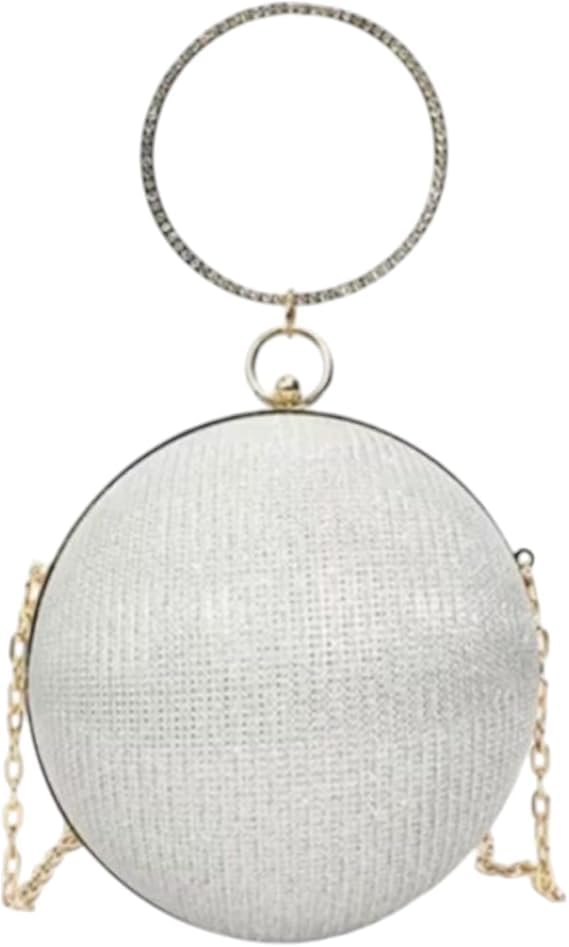 Bolsa Social Redonda Clutch Esfera Elegante, Prata e Dourada Brilhante, Alça de Corrente 14x14x14cm, Com Bracelete de Cristal Bolsa de Mão, Detalhe em Strass (Prata Brilhante)