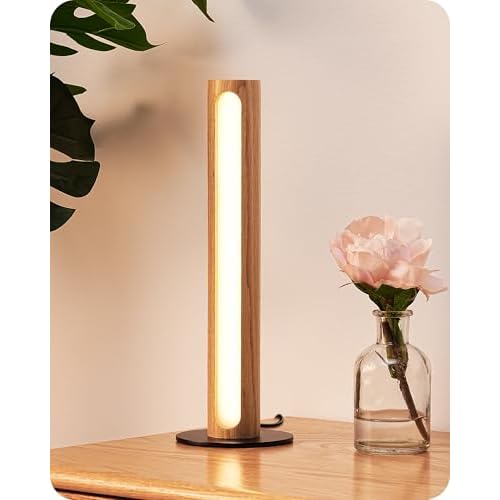 EDISHINE LED Table Lamp, Small Wood Bedside Lamp with Stepless Dimmable & Memory Function, 3 Color Temperature, One-Step Installation, Touch Switch, Modern Nightstand Lamp for Living Room, B