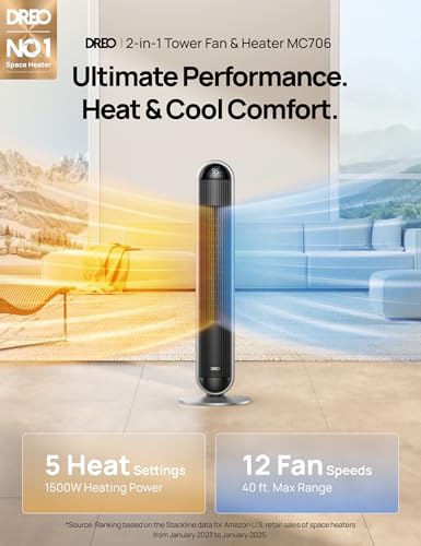 Image of DREO Tower Fan and Heater Combo, 29.2ft /s Standing Fans for Bedroom, 17 Levels, 6 Modes, 120 Oscillation, 42 Inch, 12H Timer, 25dB Quiet, with Remote, for Office, Large Room, Silver