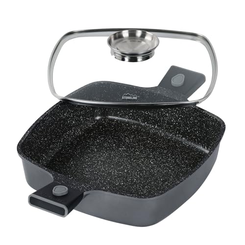 STONELINE SMART Servierpfanne 28 cm, Eckige Pfanne mit Deckel, Abnehmbarer Griff, Aluguss Pfanne Induktion, Alle Herdarten, Antihaftbeschichtet mit echten Steinpartikeln, Grau