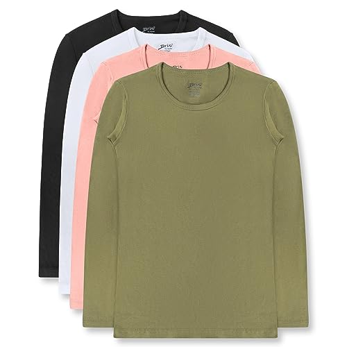 Recopilación de Camisetas de manga larga para Niña los mejores 10. 48 Brix - Camisetas de manga larga para niña, 100% algodón, sin etiqueta, paquete de 4 camisetas de algodón súper suave con cuello redondo., Azul marino, blanco, rosa salmón,...