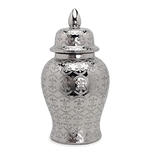 ROBMET Silver Ginger Jars with Lid, Handcrafted and Hand Painted Decorative Ceramic Jar Vase for Home Decor，Carved Patterned Temple Jar (Size : Large)