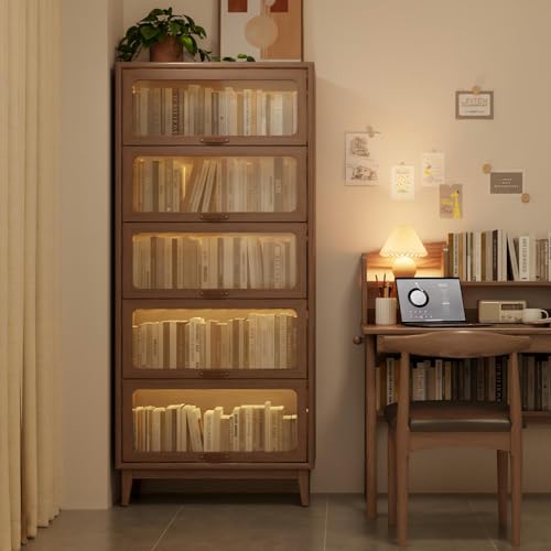 Image of Solid Wood Bookcase 5 Tier Bookshelves with Tempered Glass Flip-Up Doors ,Brown Finish Cube Storage Organizer, Bookshelf Versatile Pantry Cabinet with Storage for Kitchen Home Office72Hx13.7Dx32W inch