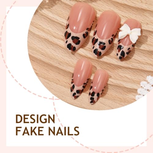 Image of Leopard Print Nails Press ons Bow Fake Nails with Design French Tip Glue on Nail Medium Almond False Nail Artificial Acrylic Glossy Full Cover Stick on Nail for Women Manicure 24Pcs