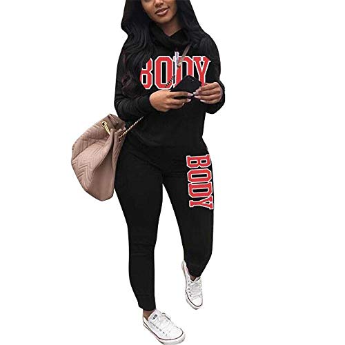 Nhicdns Two Piece Outfits for Women Letter Print Long Sleeve Pullover Sweatshirt and Skinny Pants Sweatsuits Sets Black Small