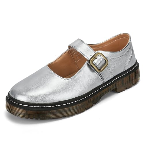 Image of Women's Mary Jane Flat Shoes Comfort Platform Buckle Ankle Strap Flats Breathable Slip On Lightweight Office Work Shoes Silver,8 US