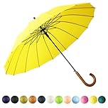 SoulRain 16 Ribs 48" Stick Umbrella Auto Open Solid Color Fashionable and Simple，Arc Classic Wood Handle，Windproof Unbreakable Stick Rain Umbrella (Yellow)