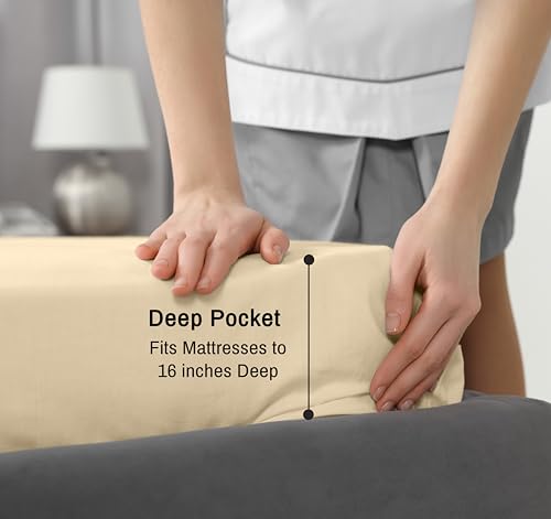 RUVANTI 100% Cotton California King Sheet Sets, 4 Pieces, Soft & Breathable Percale Weave Bedding, Deep Pocket 14", Hotel Standard, Crisp Cool Feel & Durable, Perfect Dyed Sheets, Beige