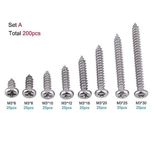 Hilitand 200Pcs/Pack Self Tapping Screws, SS Grade 304 Stainless Steel M3, Flat Head, Phillips Drive, Fully Threaded, Right Hand, Silver