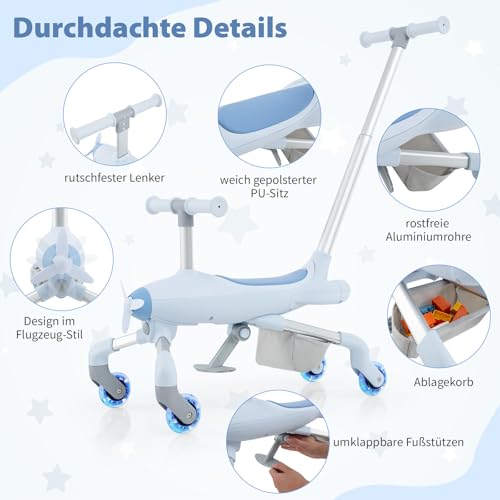 GOPLUS 2 in 1 Schiebeauto & Rutschauto, Dreirad mit verstellbarem Schiebegriff, LED Rädern & Korb hinten, Rutscherfahrzeug im Flugzeugmotiv für Kinder ab 18 Monaten, belastbar bis 50kg (Blau) – Bild 6