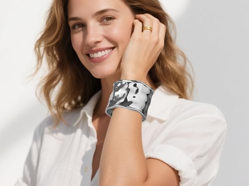 Chunky Cuff Bangle Bracelets for Women - 18K Gold & Silver Plated Hammered Wide Open Thick Wrist Cuff Bracelet, Irregular Trendy Modern Statement Jewelry3