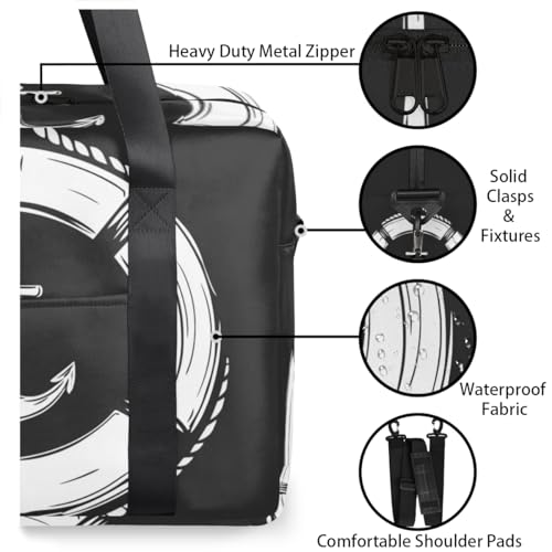 White Lifebuoy Travel Duffel Bag for Men Women Anchor Black Sports Gym Bag Waterproof Weekender Overnight Bags Foldable Carry on Backpack for Swim Yoga Fitness Workout3