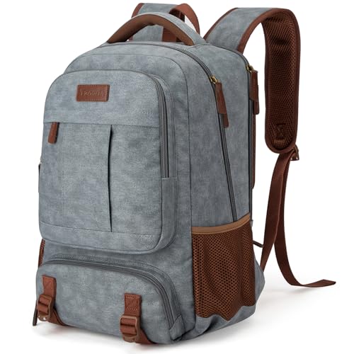 Tzowla Mochila Lona Portatil Hombre,Bolsa para Mujer,Mochila de Vintage Trabajo Viaje para Ordenador Portatil de 15 15,6 Pulgadas,Mochila para Portatil Escolar con Puerto de Carga USB Gris Claro