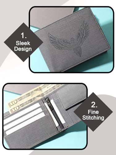 Image of SAMTROH Vegan Leather Wallet for Men | Vintage Printed | Premium Vegan Leather Craftsmanship | 3 Card Slots I 2 Cash Compartments & Secret Slots | 1 Coin Pocket. (Eagle, Dark Grey)