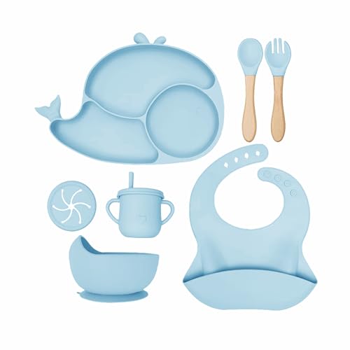 Image of Kids Station Whale Design 8-Piece Silicone Feeding Set for Babies | BPA-Free, Suction Bowl, Plate, Spoon, Fork, Bib, Cup & Straw - Dishwasher Safe | Ideal for Infants & Toddlers (Pack of 8, Blue)